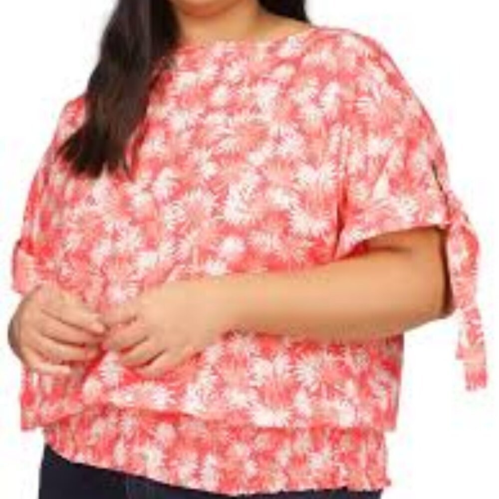 MICHAEL Michael Kors Size XL Coral White Palm Pattern Kimono Sleeve Blouse - Picture 2 of 15
